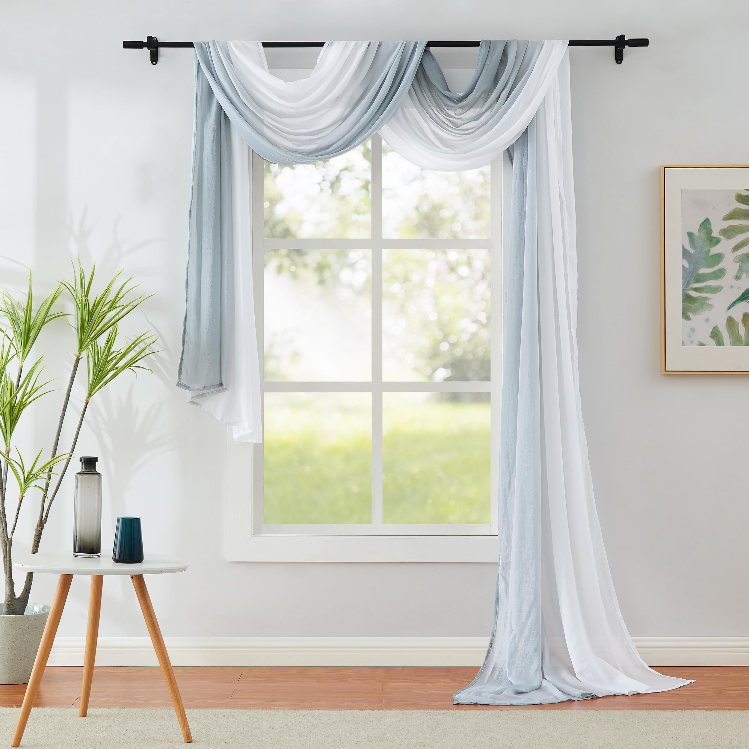 1 Piece Ombre Chiffon Sheer Window Scarf Valance Curtain 18ft for Living Room Bedroom Decor, 216 Inch Long Crinkle Soft Window Sheer Voile Valance for