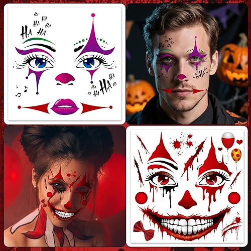 HOWAF 4 Sheets Halloween Clown Face Tattoos Joker Full Face Temporary Tattoos, Hallows' Eve Creepy Clown Evil Costume Tattoo Stickers, Jokers Clowns cosplay Make Up Facial Tattoo