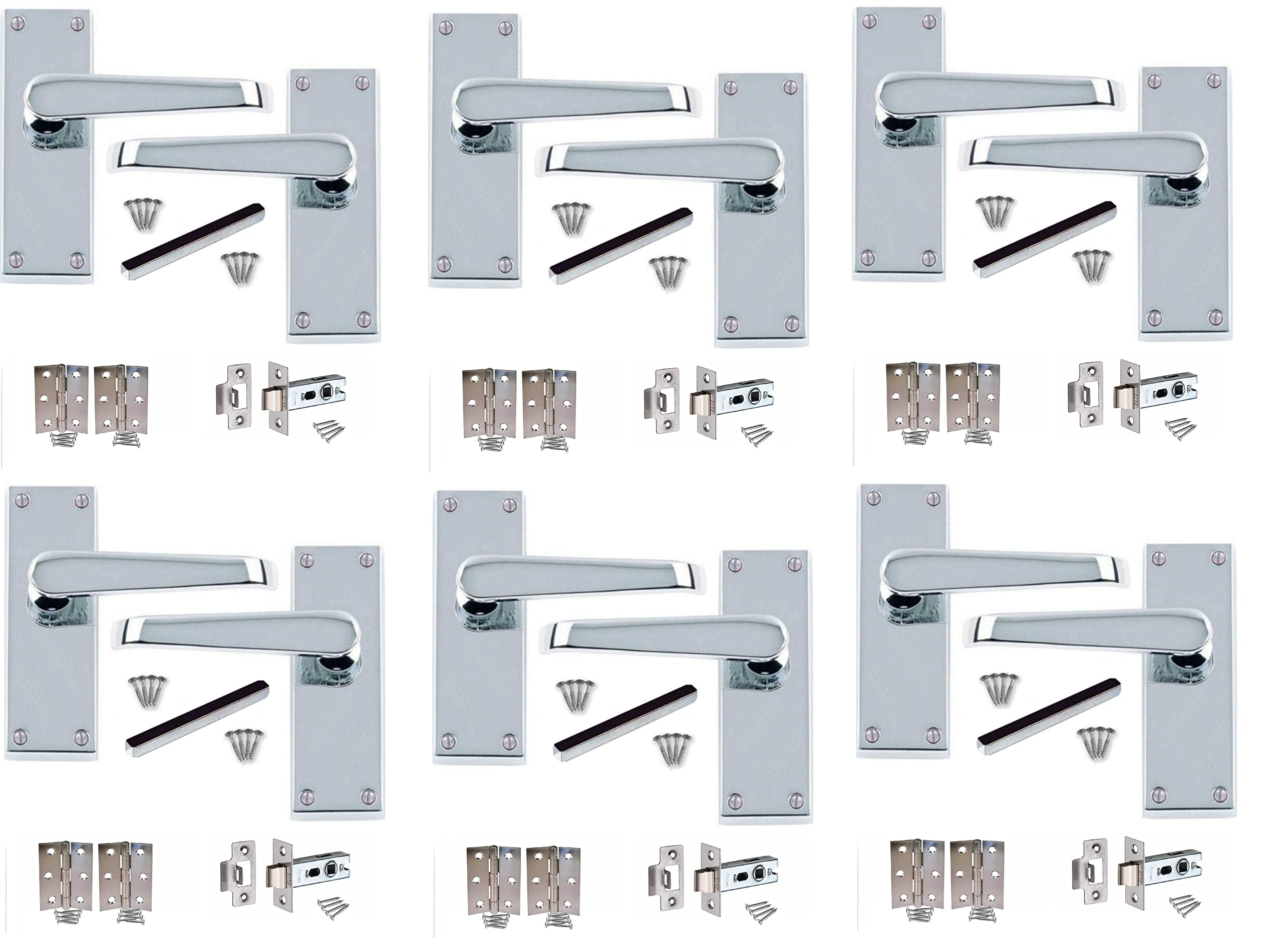 Golden Grace 6 Sets of Victorian Straight Latch Door Handles Polished Chrome Hinges & Latches Pack Sets 118MM X 40MM