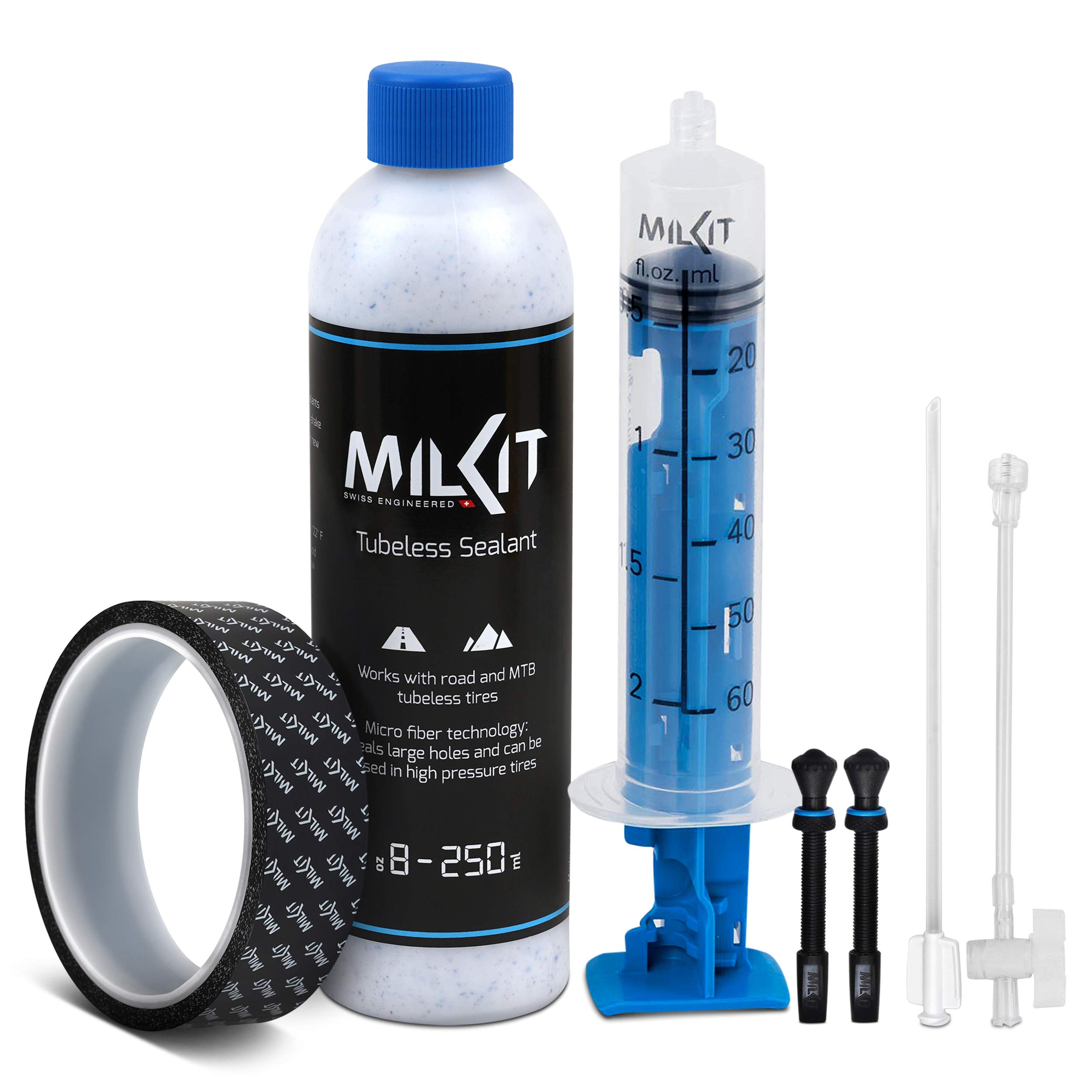 milKit Tubeless Conversion Kit - Umrüst Set inkl. patentiertem Tubeless Zubehör - geeignet für MTB und Rennrad - Tubeless Repair Kit zum Umrüsten oder Montieren (25 mm Felgenband)