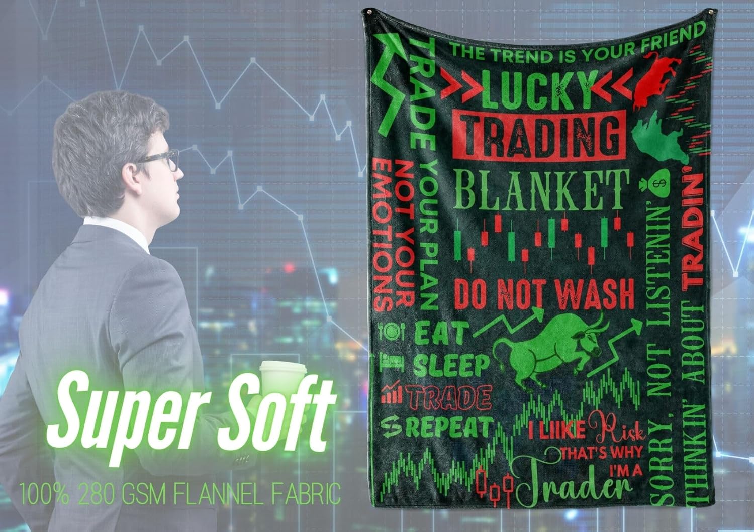 InnoBeta Stock Market Gifts, Lucky Trading Blanket for Men and Women, Flannel Throw Blanket for Trader, Broker, Financial Advisor, Investor, Green, 60x80 Inches