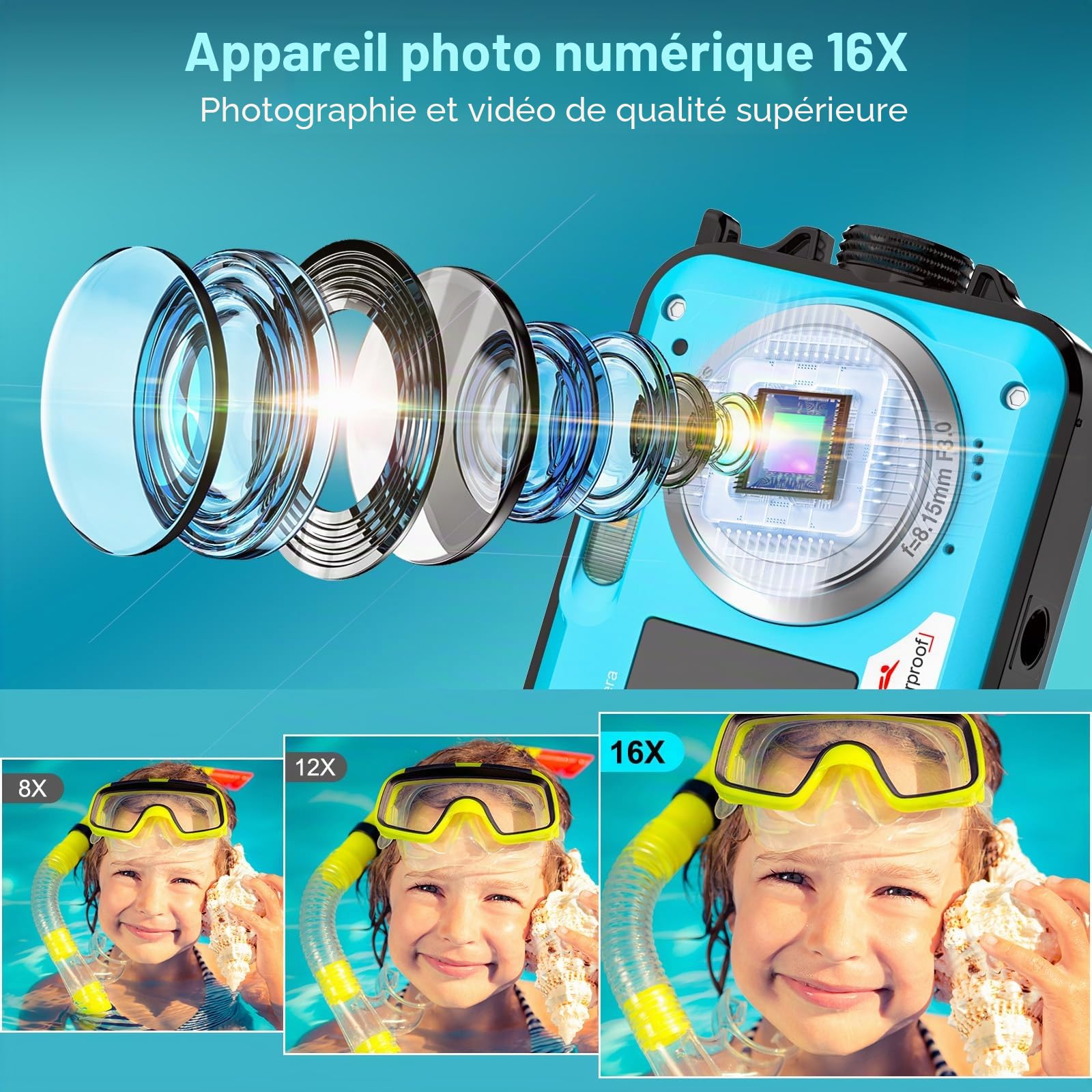 Appareil Photo Etanche Appareil Photo numérique 4K 64MP | Autofocus Caméra sous-marine Carte mémoire 32G Selfie Double écrans 16FT 16X Zoom Appareil Photo Numérique Etanche