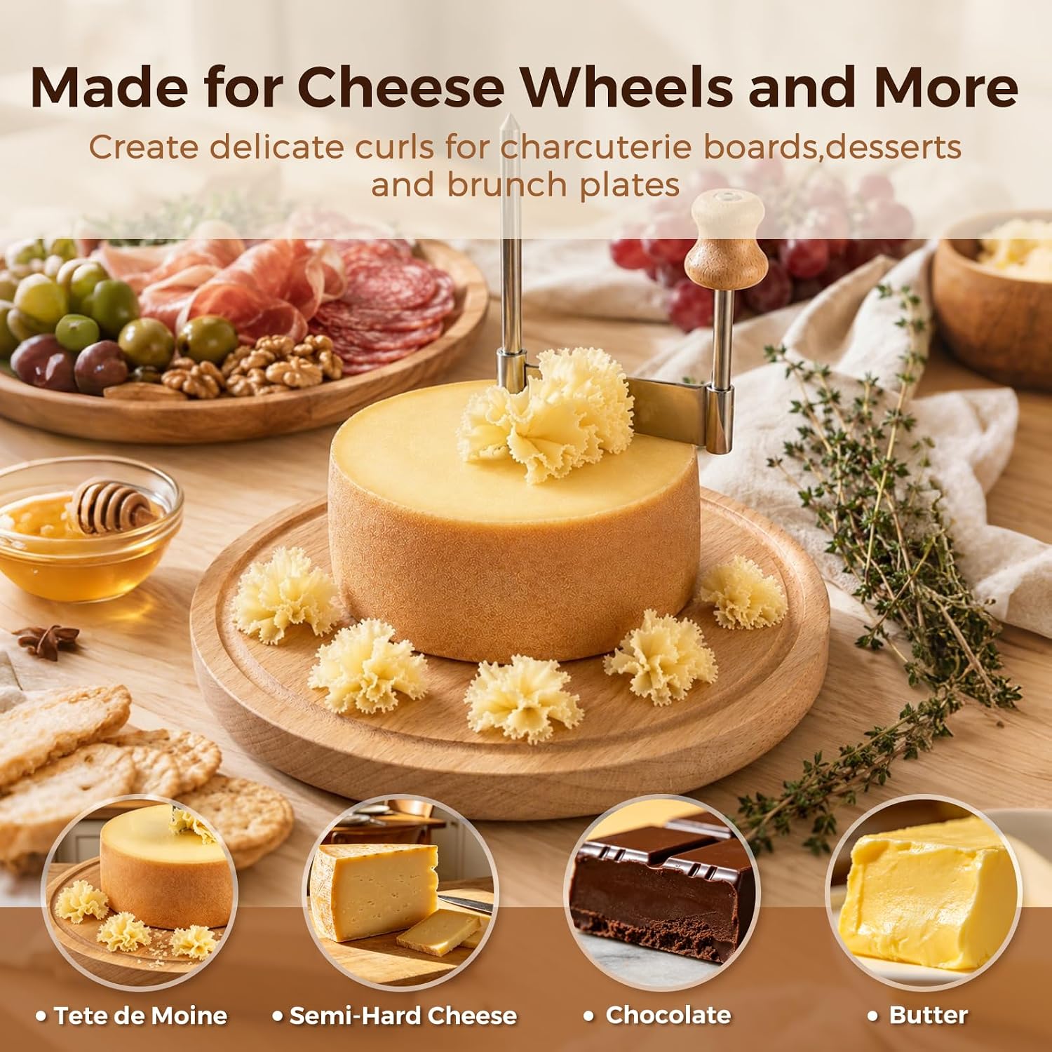 Cheese Curler Wheel - Girolle Cheese Shaver for Tête de Moine Cheese, Chocolate and Butter Curls, Stainless Steel Rotating Blade with Wooden Base for Charcuterie Boards, Wine Nights and Gifts