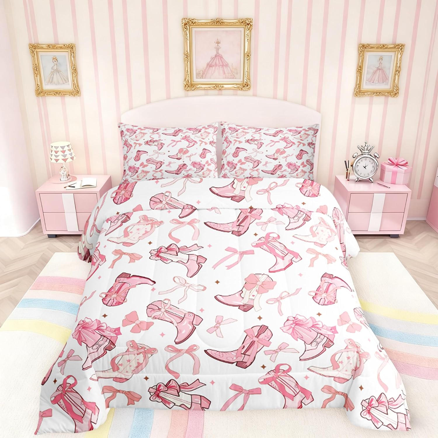 Manfei Cowgirl Comforter Set,Pink Bowknot Coquette Bedding Set for Kids Boys Girls Bedroom Bed Decor,Cowboy Boots Horseshoe Wild West Quilt Set,Princess Starry Duvet Insert with 2 Pillowcases,Queen