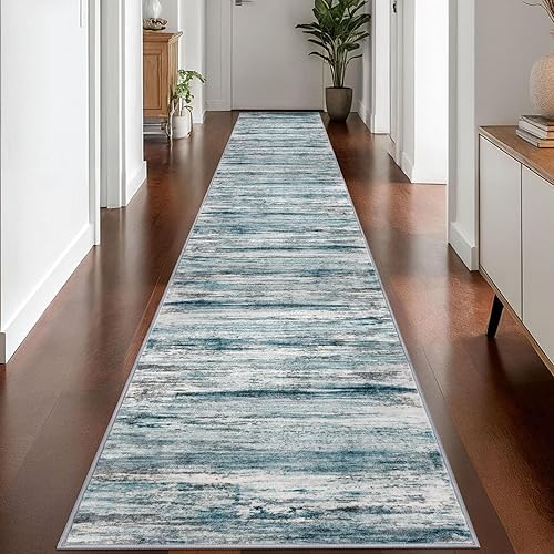 Miniatura 19 de KOZYFLY Alfombra moderna abstracta lavable de 2.6 x 10 pies, antideslizante, suave, alfombra de camino de cocina, alfombra a rayas azules óxido para