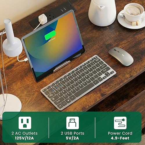 Miniatura 5 de Mesita de noche de 27 pulgadas de ancho, mesita de noche grande de madera con 2 cajones, mesita de noche LED con estación de carga y cajón Marrón