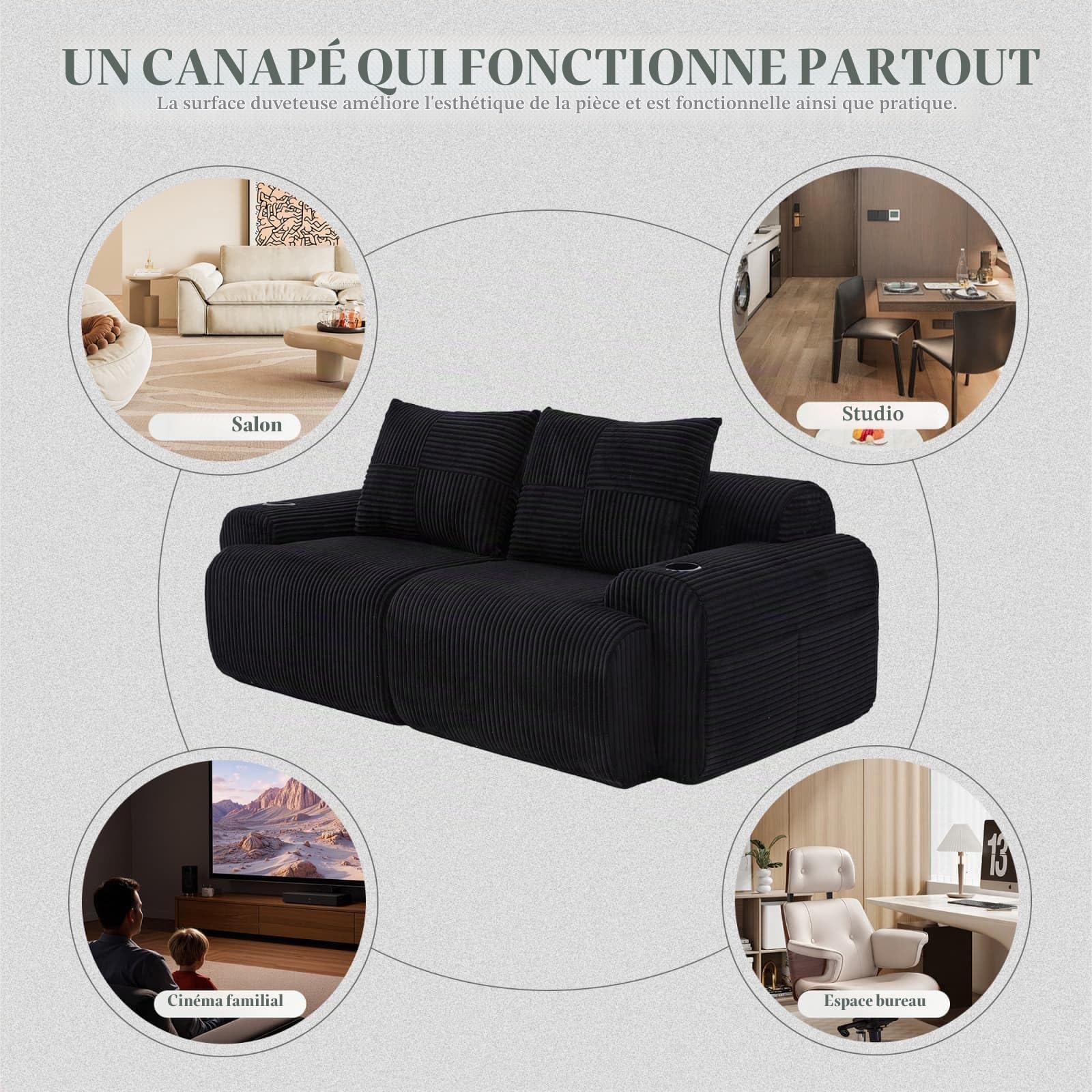 PUGSDRLY Canapé Modulaire en Velours Côtelé, Canapé d'angle Moderne, Assise Profonde, Accoudoirs Larges, sans Assemblage, avec Porte-Gobelet et Poches Latérales (Noir, 2 Places)