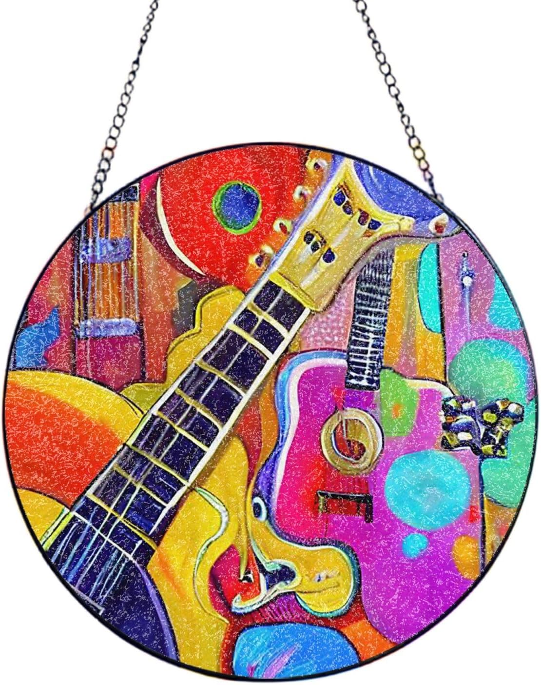 Stained Glass Window Hanging 12in Window Suncatcher Glass Panel with Metal Chain Color Acoustic and Guitars Sun Catchers Wall Art Home Decor Gift for Women Mother's Day