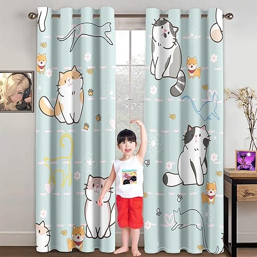 Miniatura 2 de Cortinas opacas con diseño de gatos de dibujos animados para habitación de niñas, ojales en la parte superior, con temática de animales, paneles con