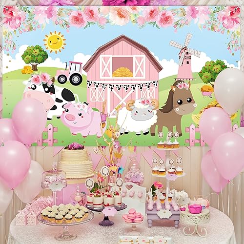 Miniatura 6 de Tatuo Pancarta de fondo de decoración de cumpleaños de granja rosa, tamaño grande, 3.6 x 6 pies, pancarta de fondo de animales de granero para baby