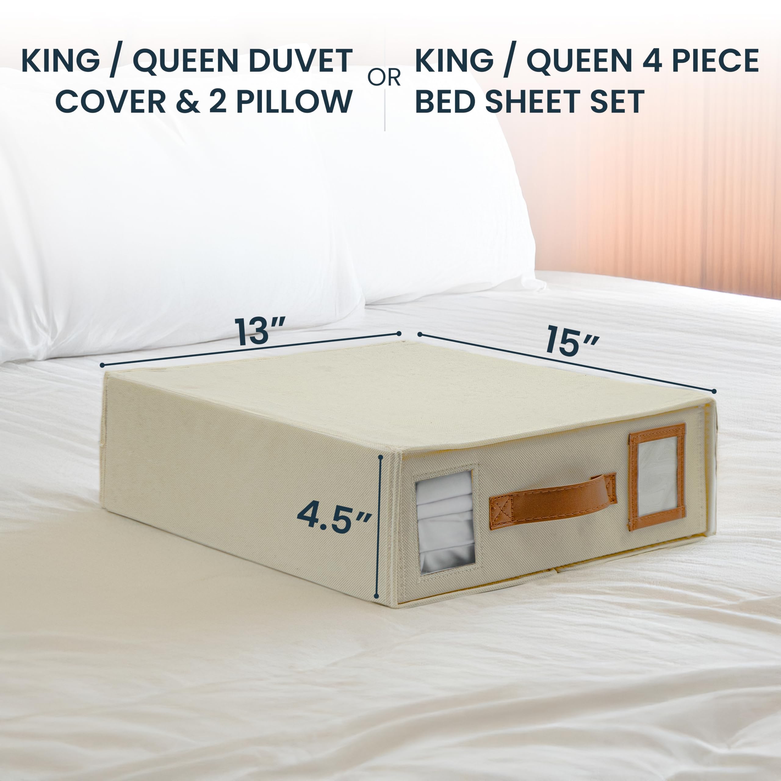 Bed Sheet Organizer pack of 4 – Beige Bed Sheet Organizers and Storage with Leather Handles – King & Queen Size Foldable Bed Sheet Storage Box with Label Cards & Windows for Visibility