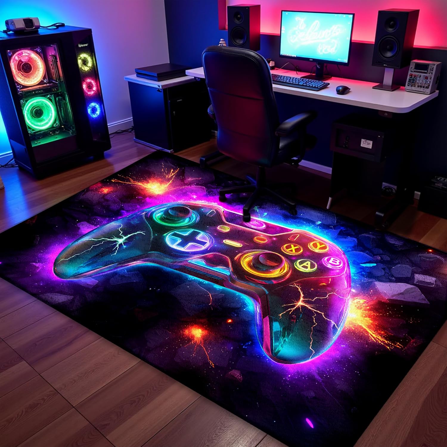 5x7 ft Neon Gaming Area Rug for Boys Room, Colorful Game Controller Carpet for Gamer Room Decor, Low Pile Non-Slip Video Game Rug for Teens Playroom or Game Zone - 03
