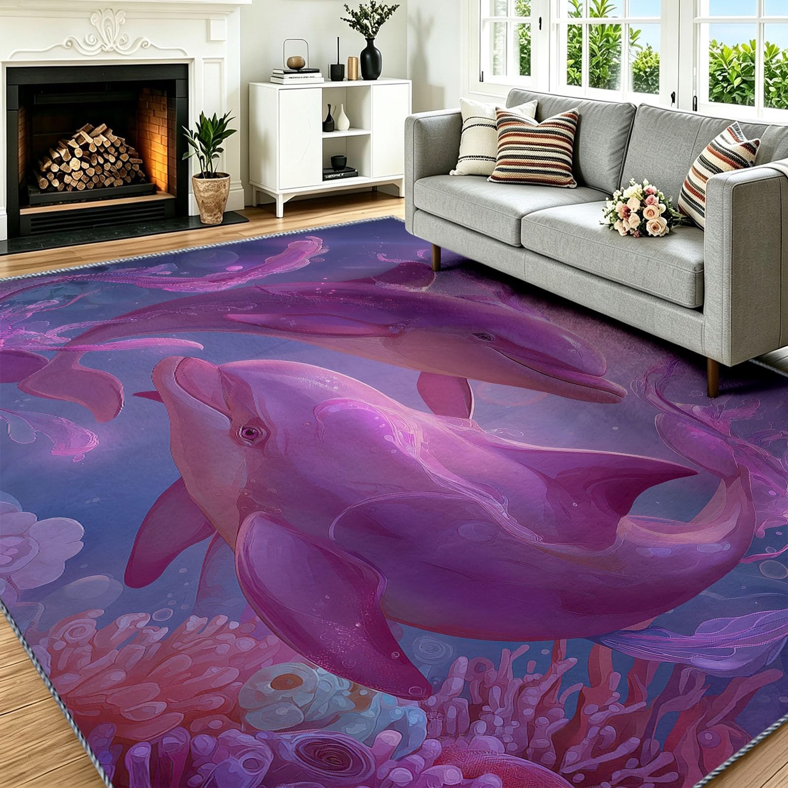 Tapis lavable 140x200 cm rose dauphin récif corallien pour salon