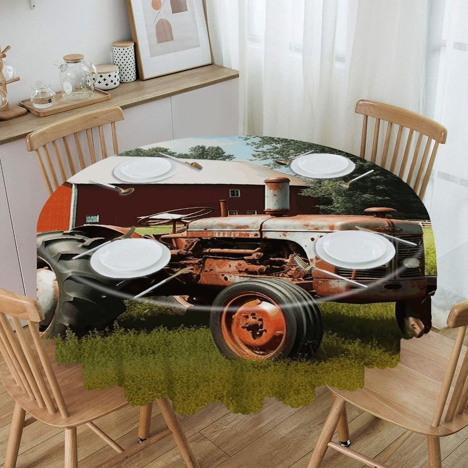 VstaDank 60 Inch Round Company Farm Tractor Tablecloth Polyester Waterproof Wrinkle Free Table Cloth Spillproof Washable Table Cover Colorful Tablecover Decor for Home Kitchen Dining Party