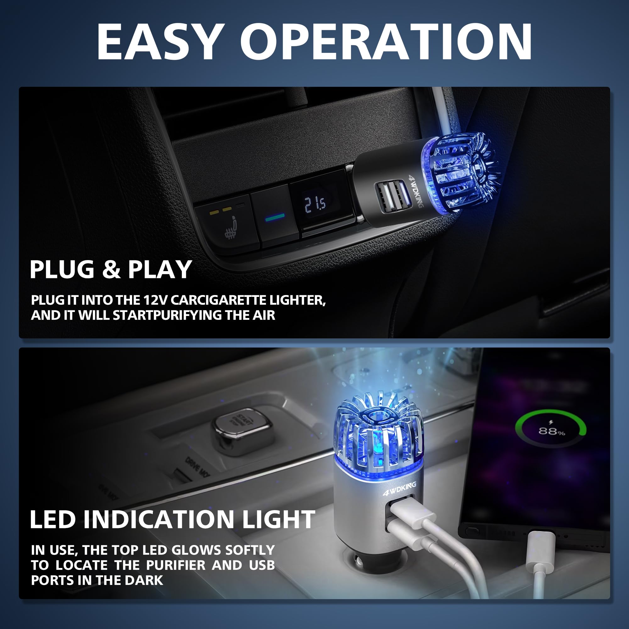4WDKING Ionizador purificador de aire para coche, 12 V, ambientador de coche enchufable, con cargador USB doble, elimina el humo del cigarrillo, el olor de mascotas y alimentos, ozono iónico (plata)