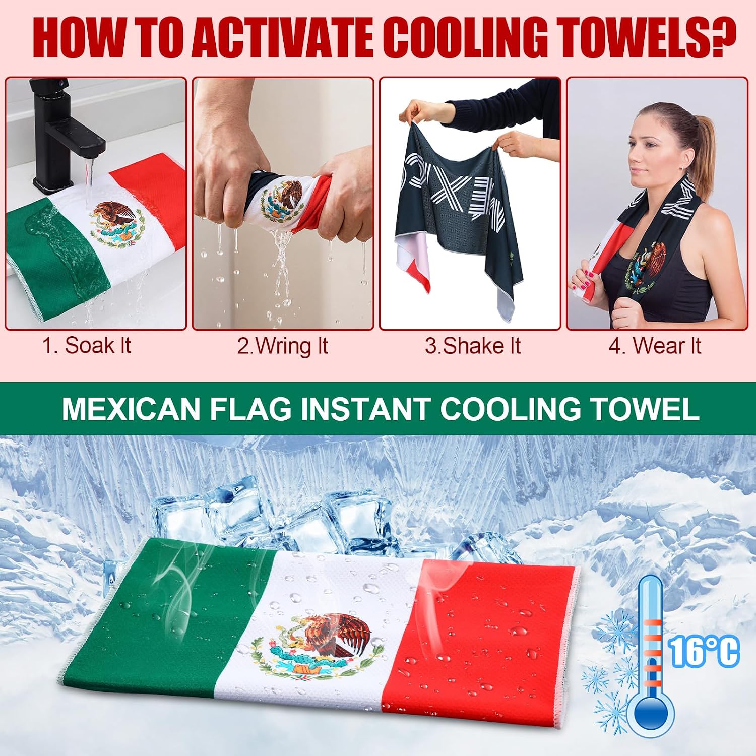 Frienda 10 Pcs National Flag Cooling Towels 40"x12" Cooling Towels for Neck Microfiber Chilly Machine Washable Accessories for Soccer Football Player Sports Tournament(Mexico)