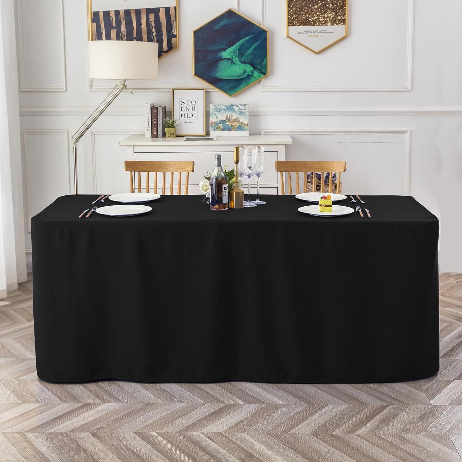 ManMengJi 4 Pack Black Tablecloth Fitted Table Clothes for 6 Foot Rectangle Tables - Water Resistant Washable Rectangle Table Covers for Wedding, Banquet and Trade Shows, 72L x 30W x 30H Inches