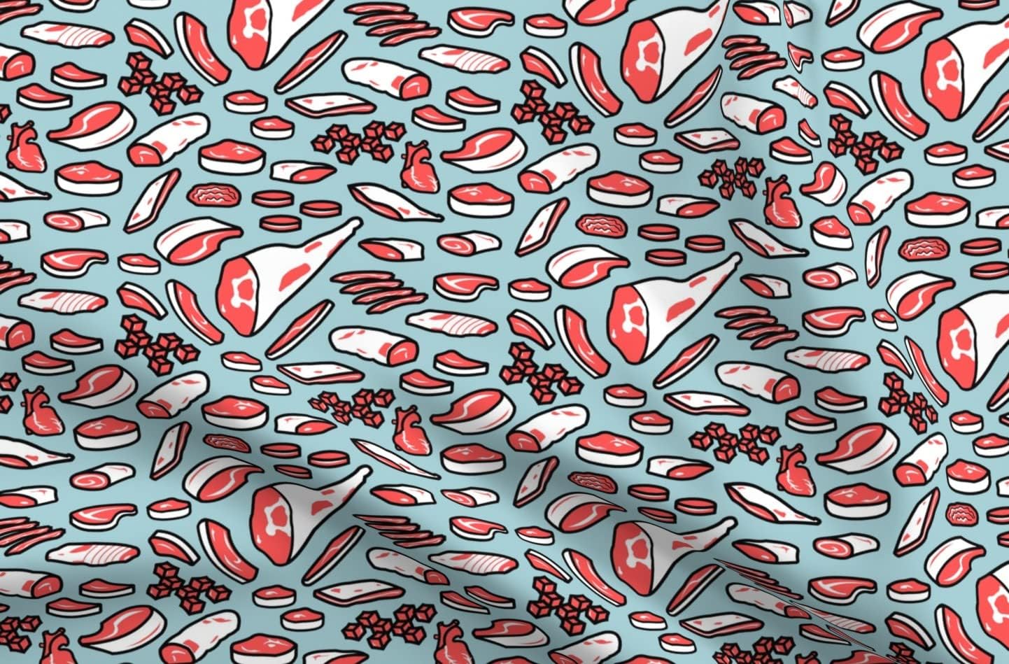 Spoonflower Fabric - Blue Retro Meat Print Vintage Beef Bacon Food Printed on Minky Fabric by The Yard - Sewing Baby Blankets Quilt Backing Plush