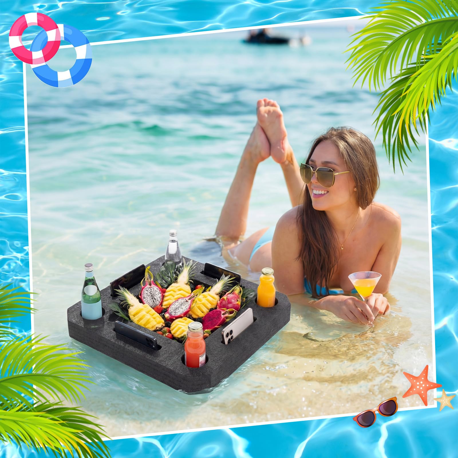 Qinyoung Grande portabevande galleggiante nero galleggiante tavolo vassoio portatile galleggiante vassoio per piscina accessori piscina vasca idromassaggio spiaggia e decorazione per feste
