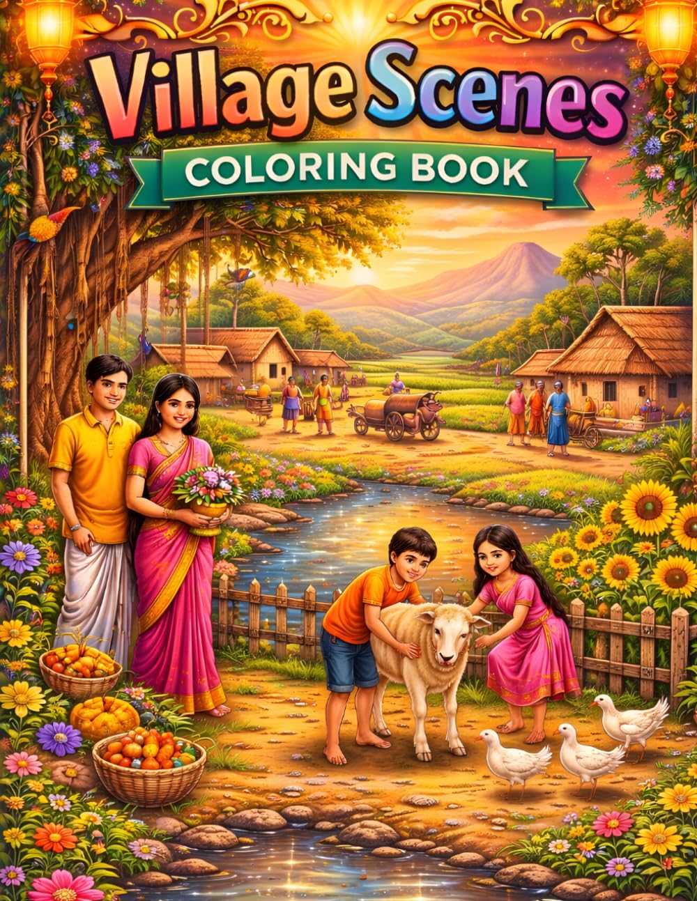 Village Scenes Coloring Book for All Ages: Relaxing Countryside Landscapes, Rural Life, Farm Animals and Peaceful Nature Designs for Kids, Teens and Adults