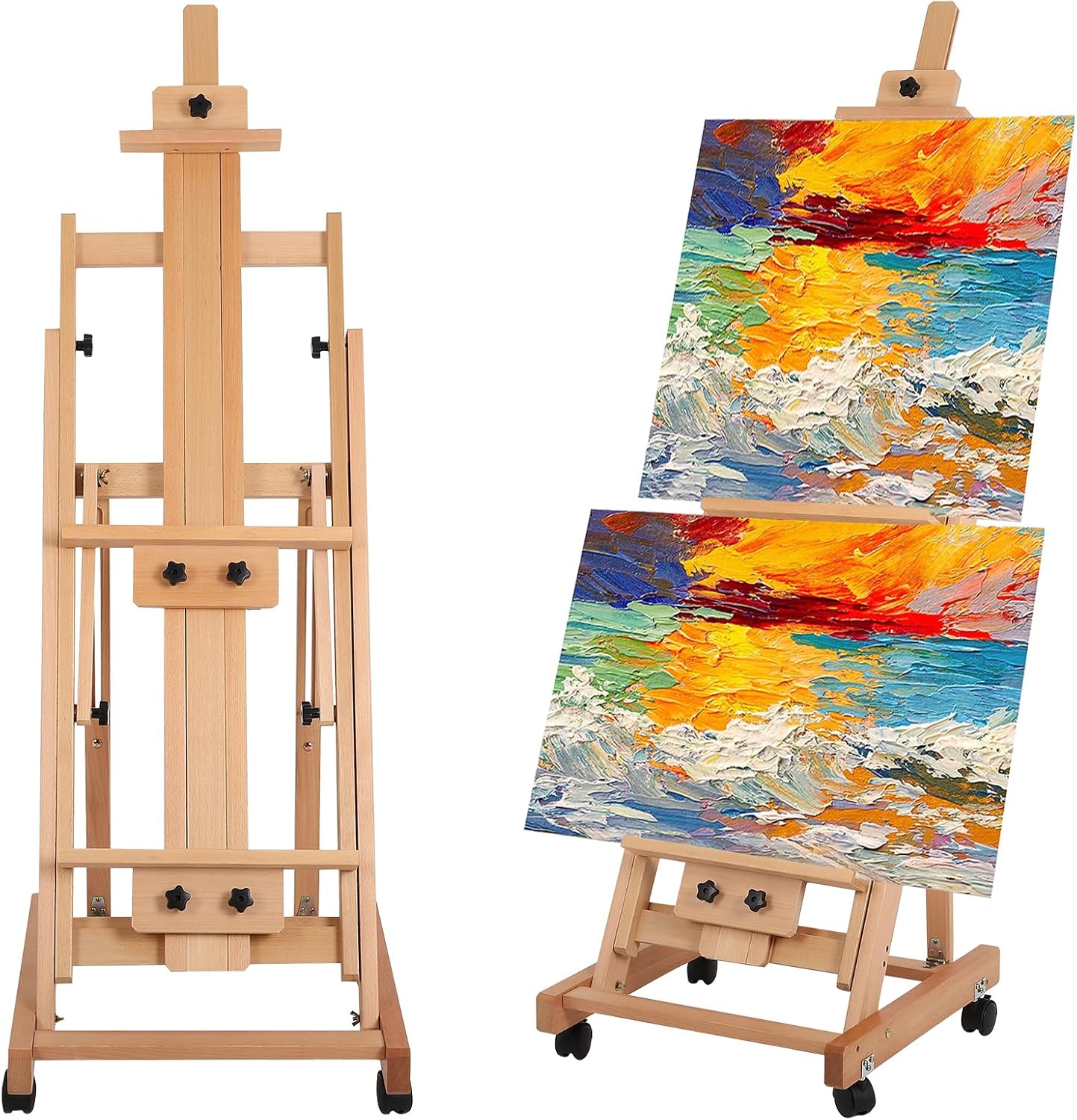Painting Easel for Adults, H-Frame Easel with Braked Wheels, Height and Angle Adjustable (Vertical to Horizontal) Art Easels for Painting Adult Holds 2 Canvases
