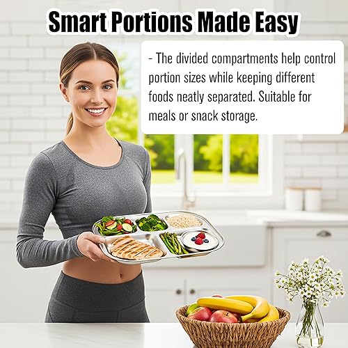 Miniatura 3 de KH866 Paquete de 2 bandejas divididas de acero inoxidable  5 secciones de tamaño pequeño compacto plato para servir cena, aperitivos, platos de