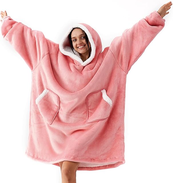 EHEYCIGA Oversized Blanket Hoodie Women Men, Sherpa Fleece Snuggle Hoodie Blanket, Fluffy Cozy Wearable Hooded Blanket for Adult, Gifts for Women Her Ladies, One Size Fits All, Pink, 85x95cm