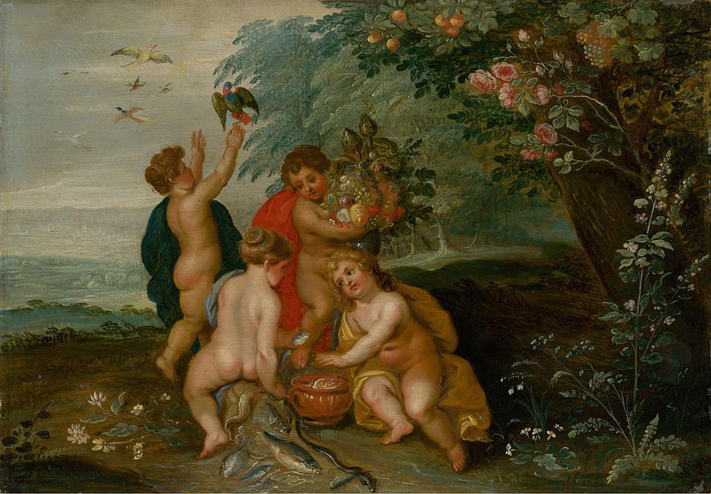 POSTERIIk Vintage Art Print Images Pictures Print Allegory of the Four Elements Water Air Earth and Fire by Jan the Elder Brueghel Modern Colour Posters for Office Home Decor 60x90cm