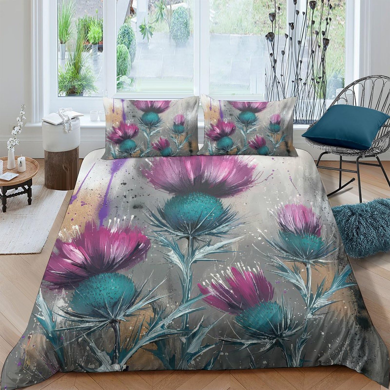 Ctjqhvkz Style-7 3D Printed Purple Thistle Fitted Sheet Microfiber Soft Botanical Blue Feather Mattress Cover For Bedroom Guest Room Decor Single（135X200cm）