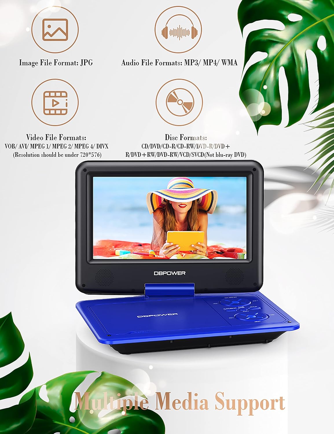 DBPOWER 11.5" Portable DVD Player, 5-Hour Built-in Rechargeable Battery, with 9" Swivel Screen, Support CD/DVD/SD Card/USB, with Remote control, 1.8M Car Charger and Power Adaptor (Blue)