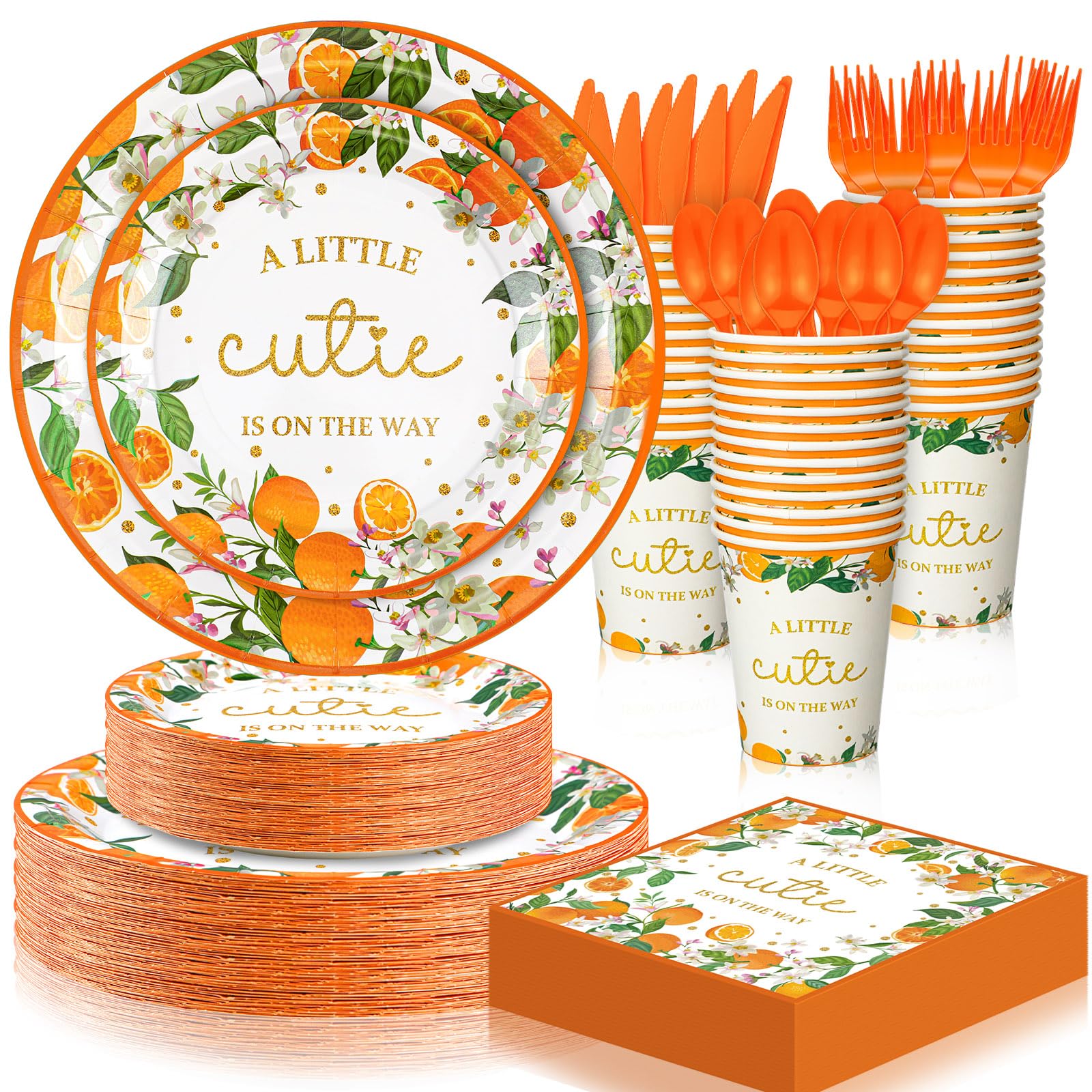 Skybooly 350 Pcs a Little Cutie Is on The Way Baby Shower Tableware Set, Baby Shower Plates Napkins Cups Dessert Forks Disposable Supplies for 50