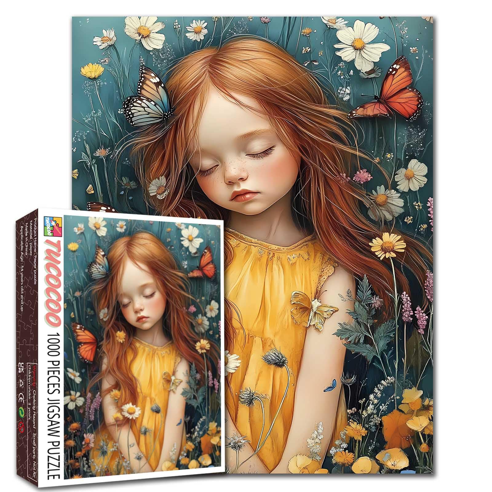 Girl Flowers Jigsaw Puzzle Girl with Colorful Butterflies 1000 Piece Jigsaw Puzzles for Adults Challenging Family Activity Game DIY Puzzle Home Decor