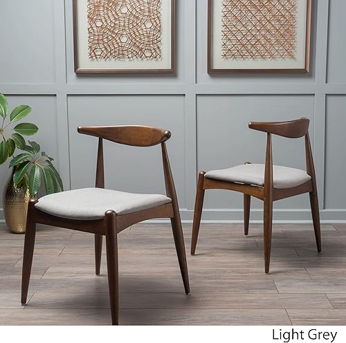 Miniatura 4 de Sandra Grey set de 2 sillas modernas, para comedor, estilo mediados de siglo, de tela color gris y madera de nogal.