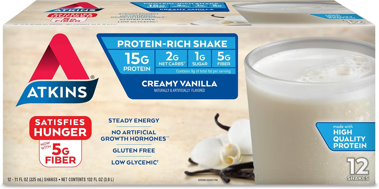 Atkins Creamy Protein-Rich Shake With High-Quality Protein Vanilla, 12 Count : Sports & Outdoors
