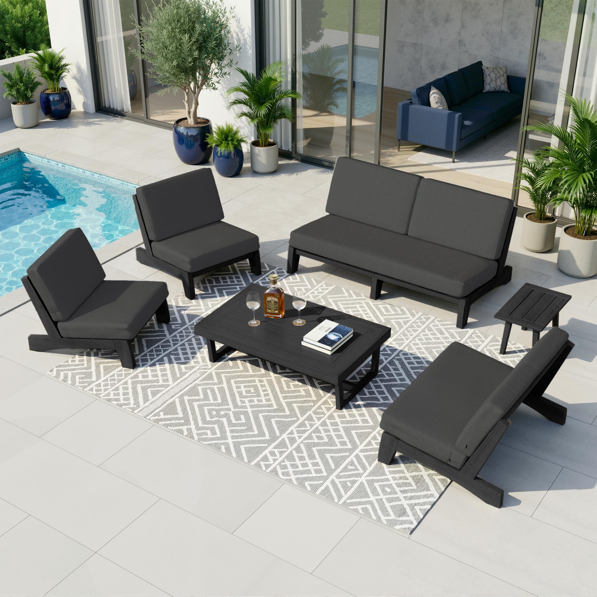 Pia Ricoo 6-Piece Patio Furniture Set, Outdoor Sofa with Loveseat, 2 Chairs, Coffee Table &amp; Side Table, All-Weather Conversation Set for Backyard/Deck/Lawn - Dark Gray/Dark