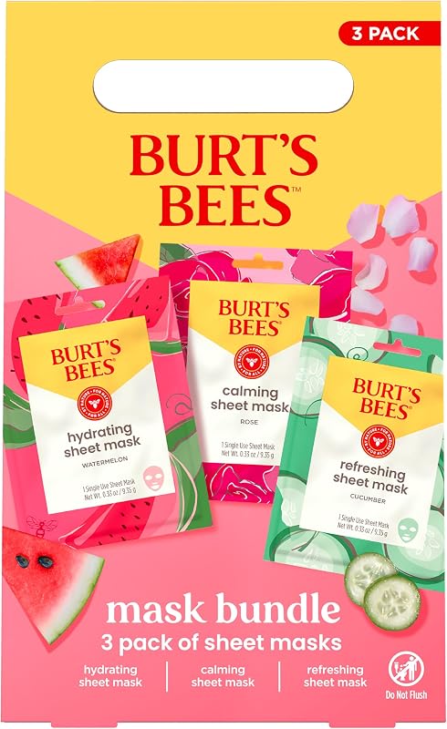 Burt's Bees Mothers Day Gifts, Face Mask Bundle Set, Hydrating Watermelon, Calming Rose, & Refreshing Cucumber, Face Sheet Masks for Single Use Skin Care, 99% Natural Origin, 3 Count, 0.33oz Each