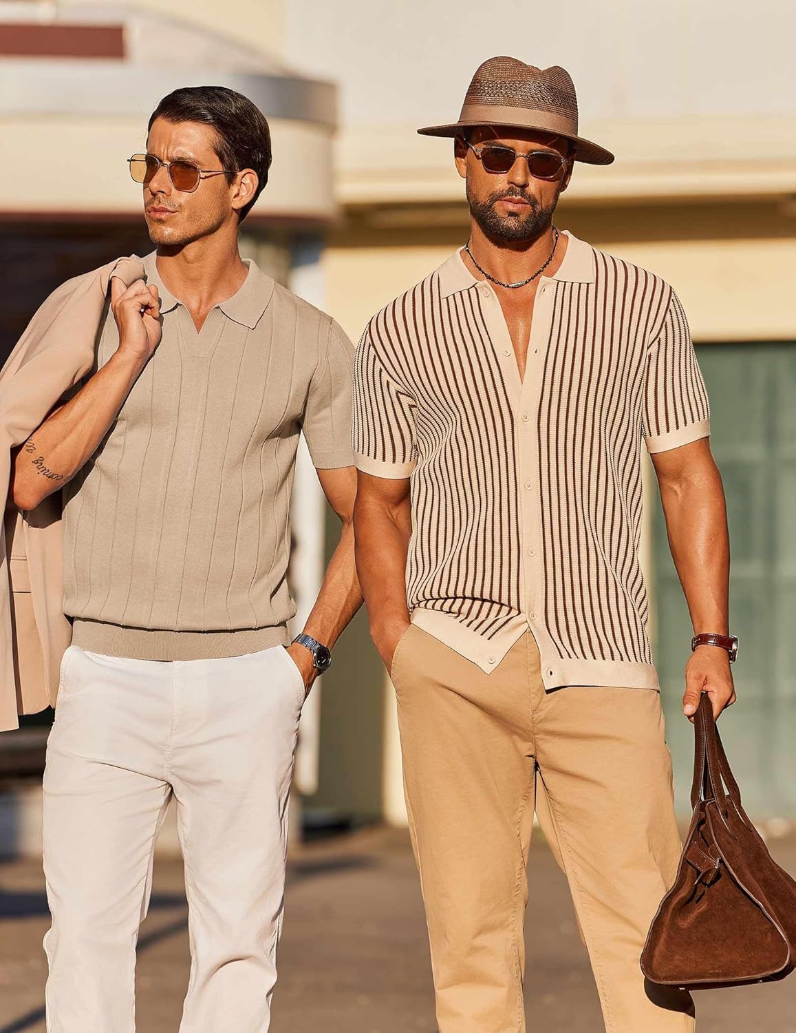 COOFANDY Mens Knit Button Down Shirts Short Sleeve Polo Shirt Vintage Striped Casual Shirts - Image 4