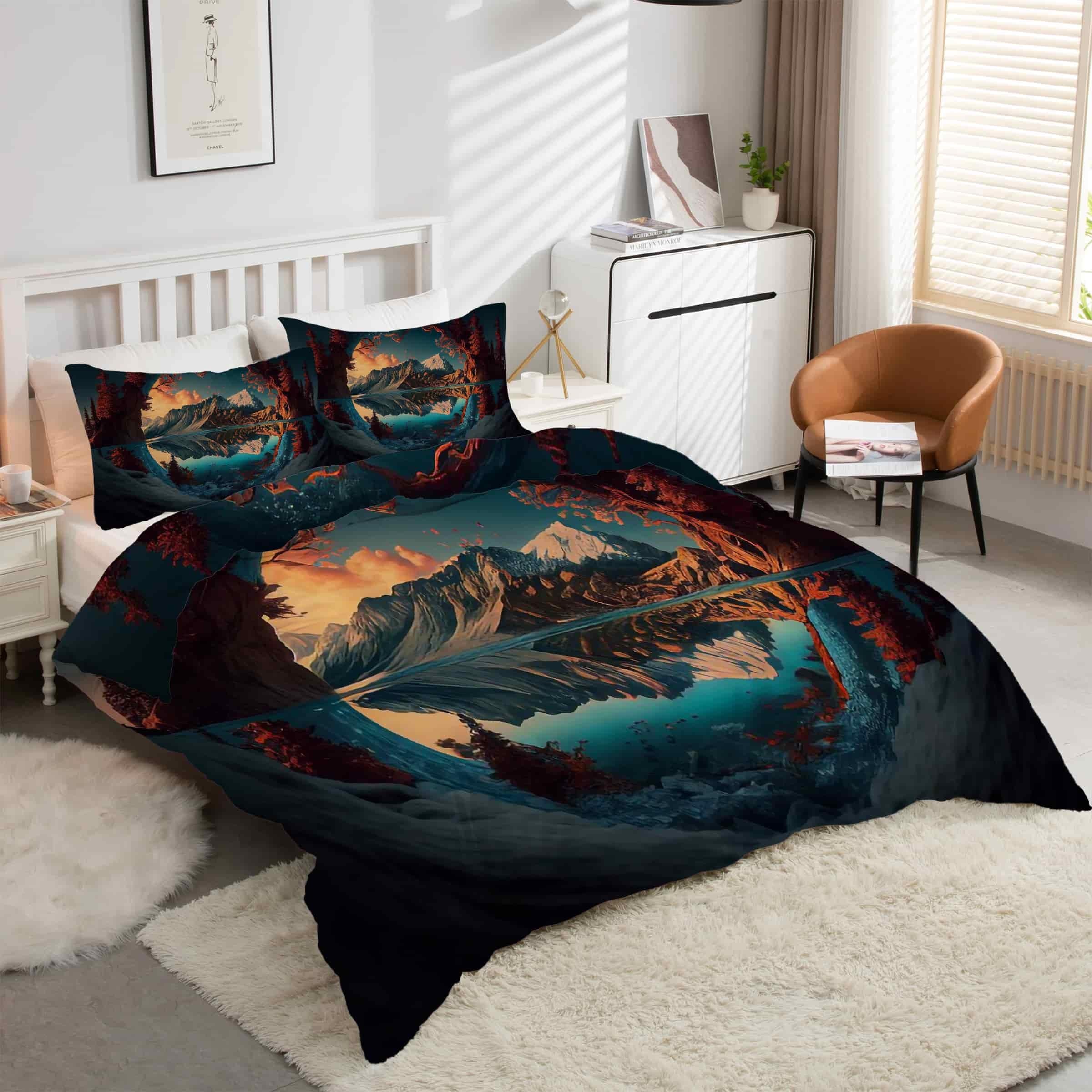 Parure de lit 90x190 paysage anti-glisse avec fermeture éclair pour couette fixe