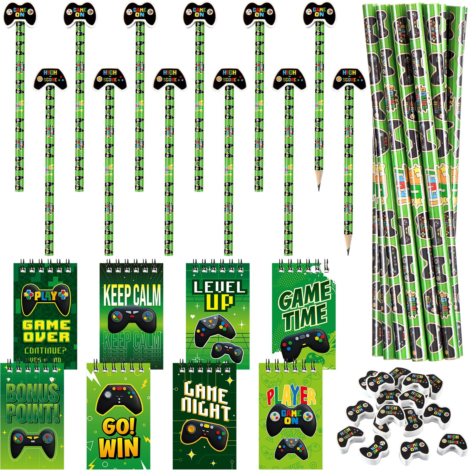 Lot de 72 articles de papeterie sur le thème du jeu vidéo, 48 crayons avec gomme, cadeaux de fête, 24 mini bloc-notes à spirale pour l'école, les salles de classe, les récompenses