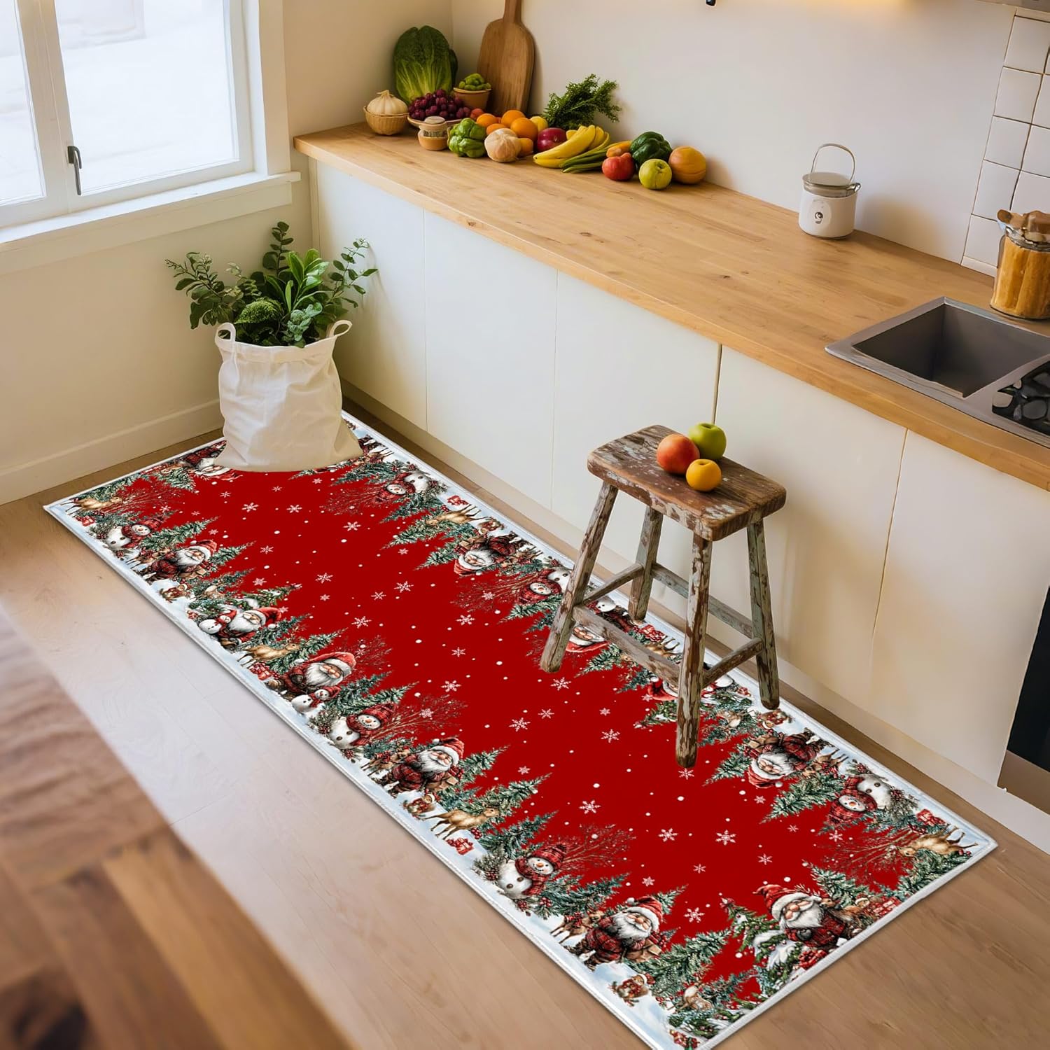 Christmas Runner Rug 2x6, Santa and Snowman Red Kitchen Mat - Xmas Washable Non Slip Low Pile Christmas Area Rugs for Floor Hallway Laundry Bedroom Holiday Decor(White Piped Edge)