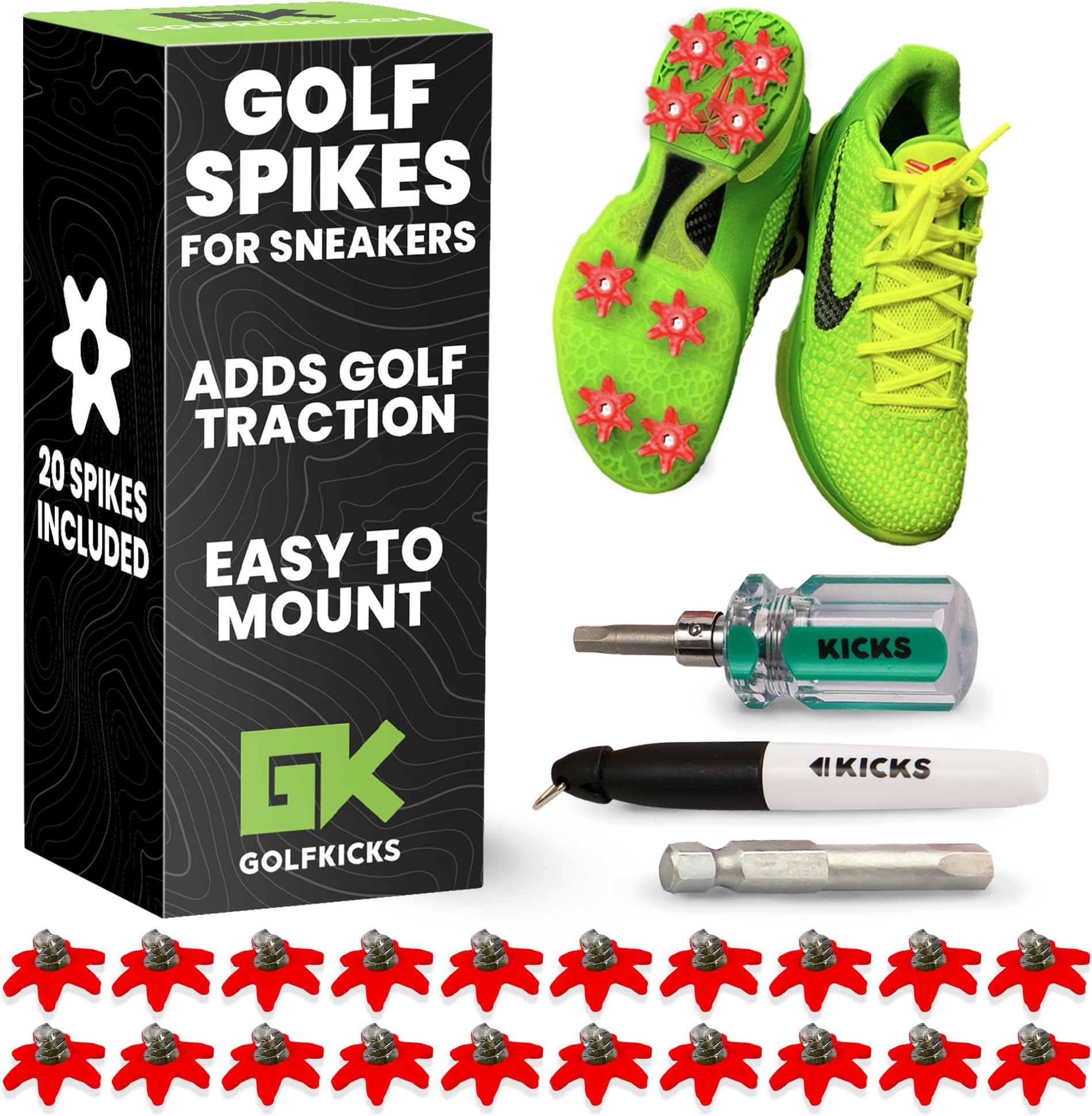 Golfkicks - Golf Spikes for Trainers with DIY Traction Kit, Add Spikes to Almost Any Shoe, As Seen on Shark Tank (20pcs)