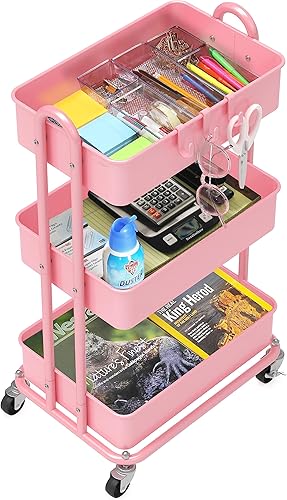 Miniatura 3 de Simple Houseware Carrito de metal resistente de 3 niveles, rosa