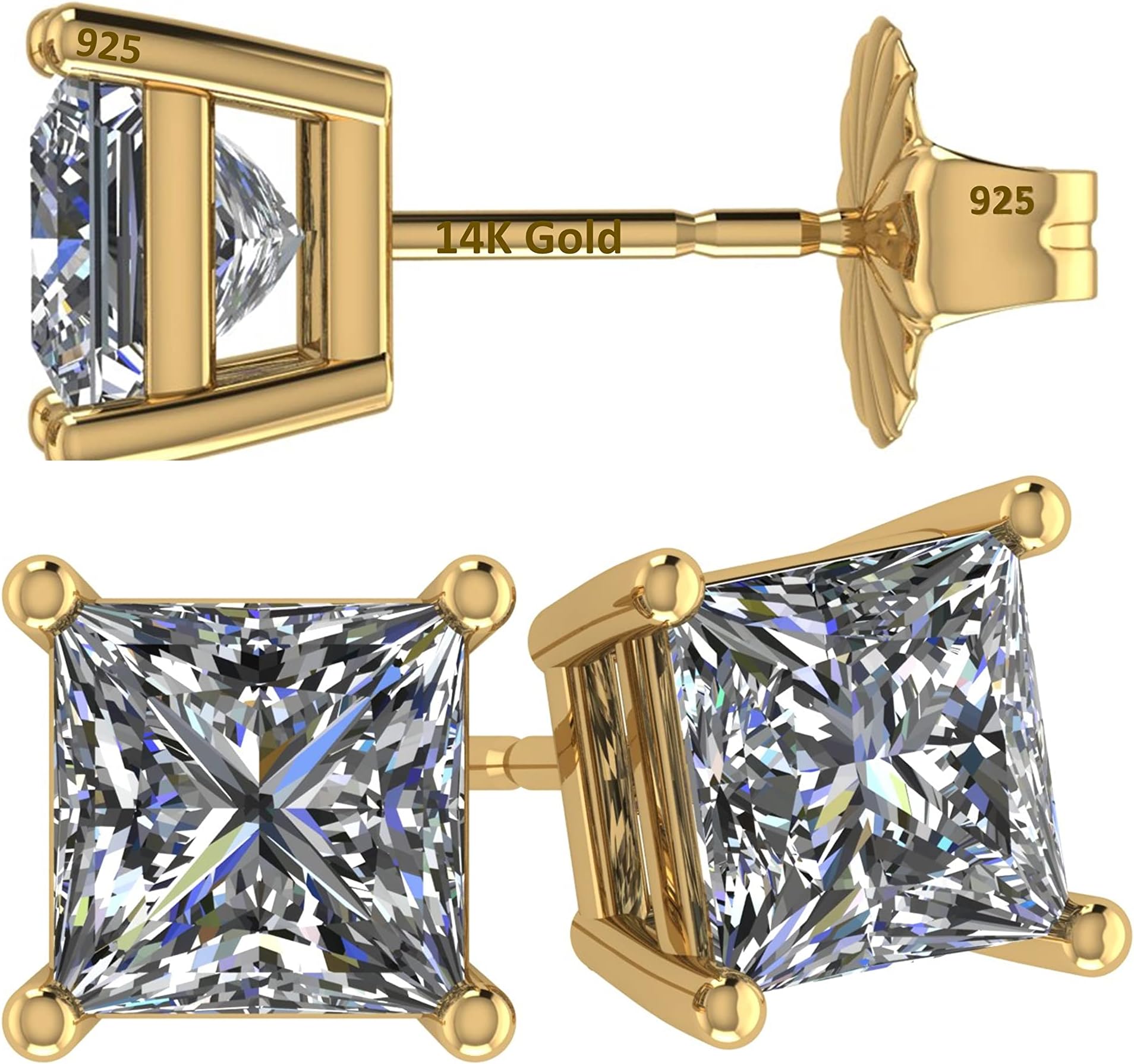 14K Gold Posts & Sterling Silver Princess Cut CZ Stud Earrings Made with Swarovski Zirconia, 1.50-4.00ctw