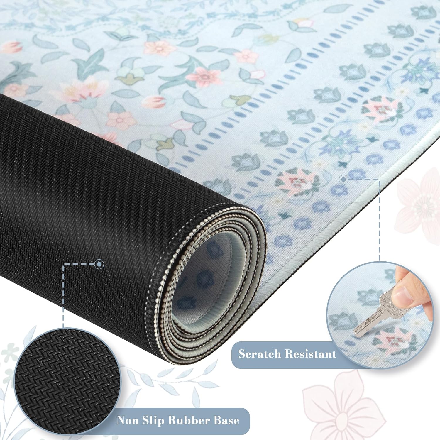 HAOCOO Floral Desk Mat, 35.4" x 15.7" Mouse Pad for Home Office School Blue image 4