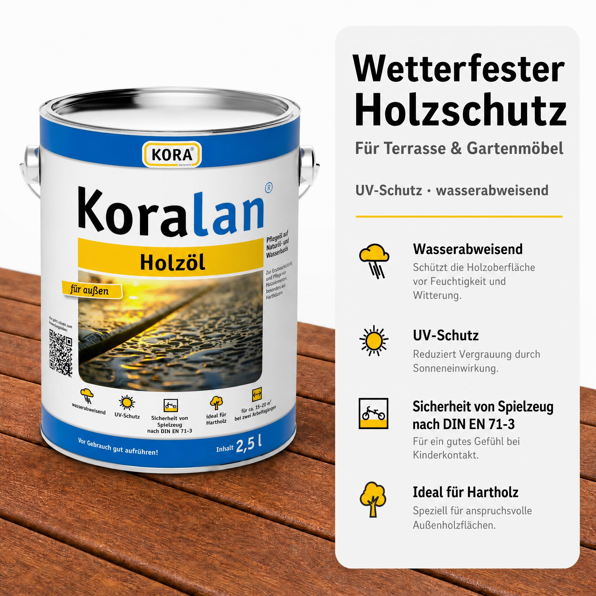 KORA® Koralan® Holzöl - wetterfestes Pflegeöl für Gartenmöbel, Zäune & Terrassen, UV-beständig, wasserabweisend, pflegt Nadel- und Hartholz, langlebiger Schutz für Holz draußen (Bangkirai, 2,5 Liter)