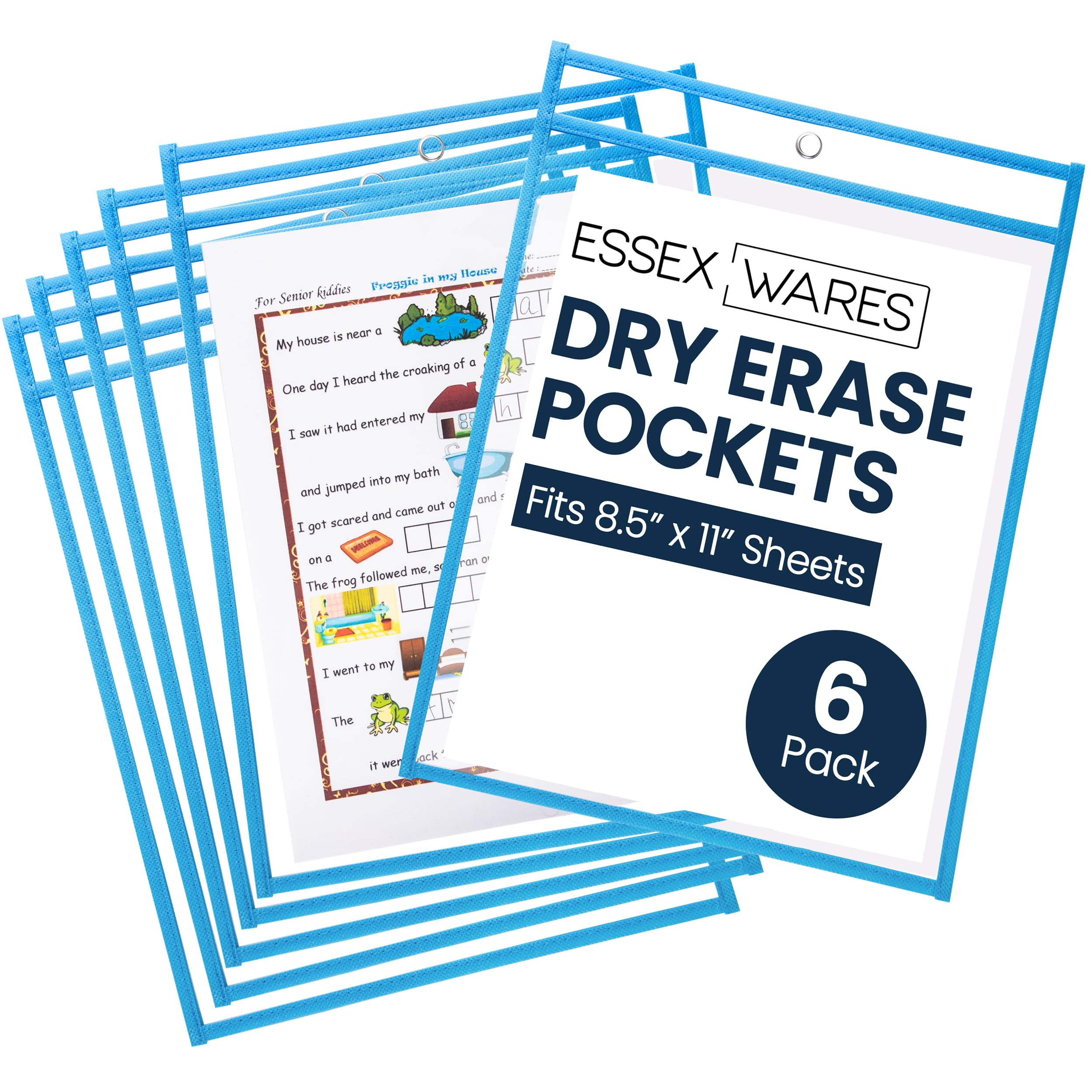 Essex Wares - 6 Pack, Sky Blue, Water-Resistant Dry Erase Pocket Document Protectors, 10" Wide x 13.5" Tall - Dry Erase Clear Plastic Sleeves -