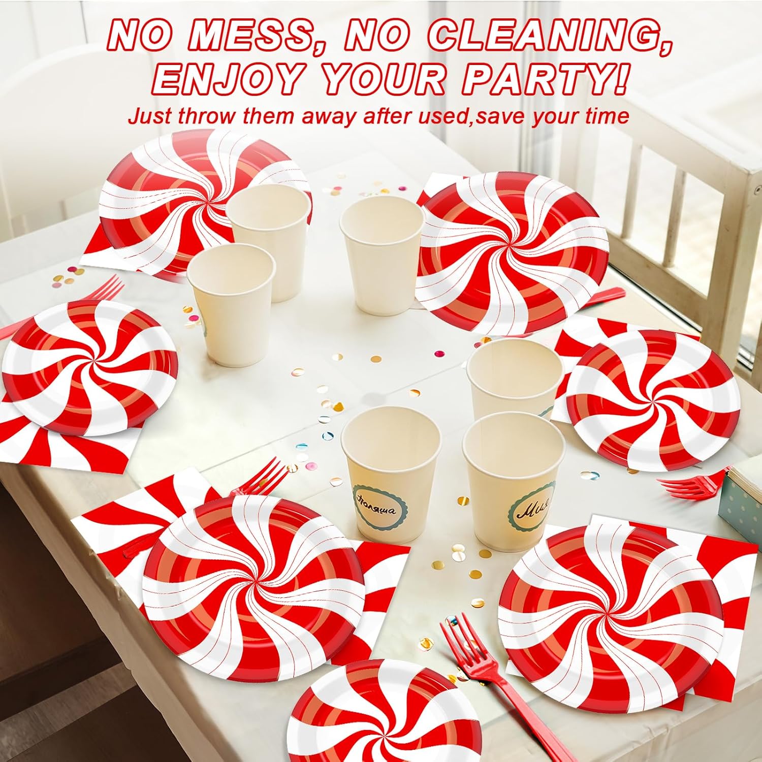 100Pcs Christmas Candy Cane Party Plates and Napkins Party Supplies Peppermint Party Tableware Set Red and White Striped Christmas Winter Party Decor Favors for Holiday Xmas Theme Party Serves 25 - Image 5