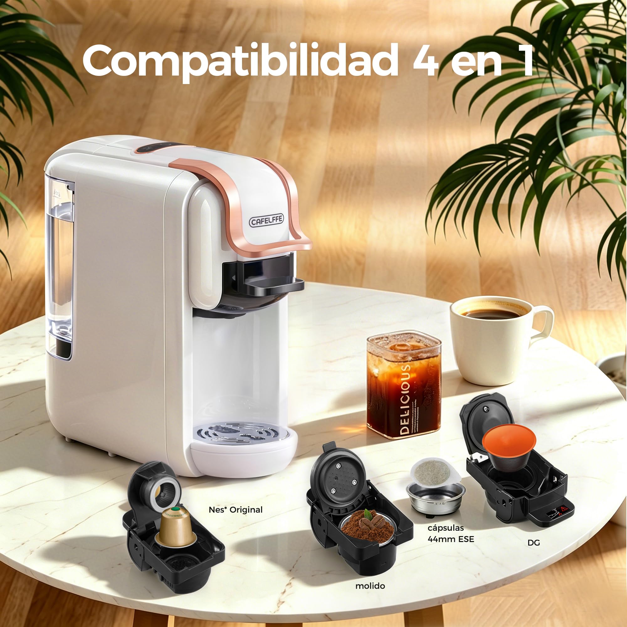 CAFELFFE MK-603 Cafetera de Cápsulas 4 en 1 Caliente/Frío Máquina de Café Expreso de una porción Individual Compatible con ESE Pods, Nes Original/DG Cápsulas y Café Molido Preparación Rápida Blanco