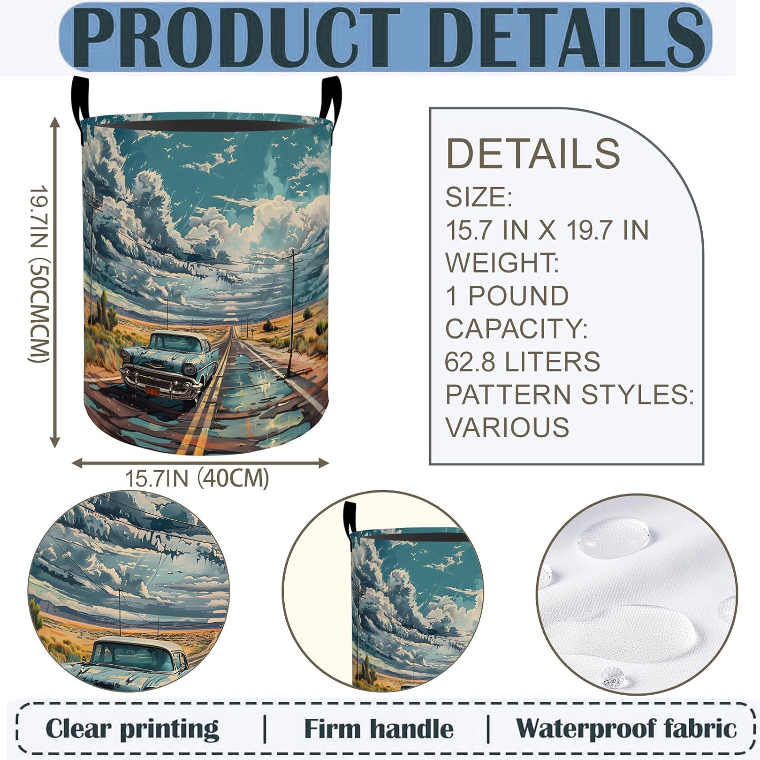 Vintage Car Laundry Basket Hamper 19.7"x15.8", Classic Auto Foldable Waterproof Oxford Clothes Storage Bucket for Room Bathroom Bedroom Nursery Decor, Toy Organizer Bins Gifts for Kids Boys Girls