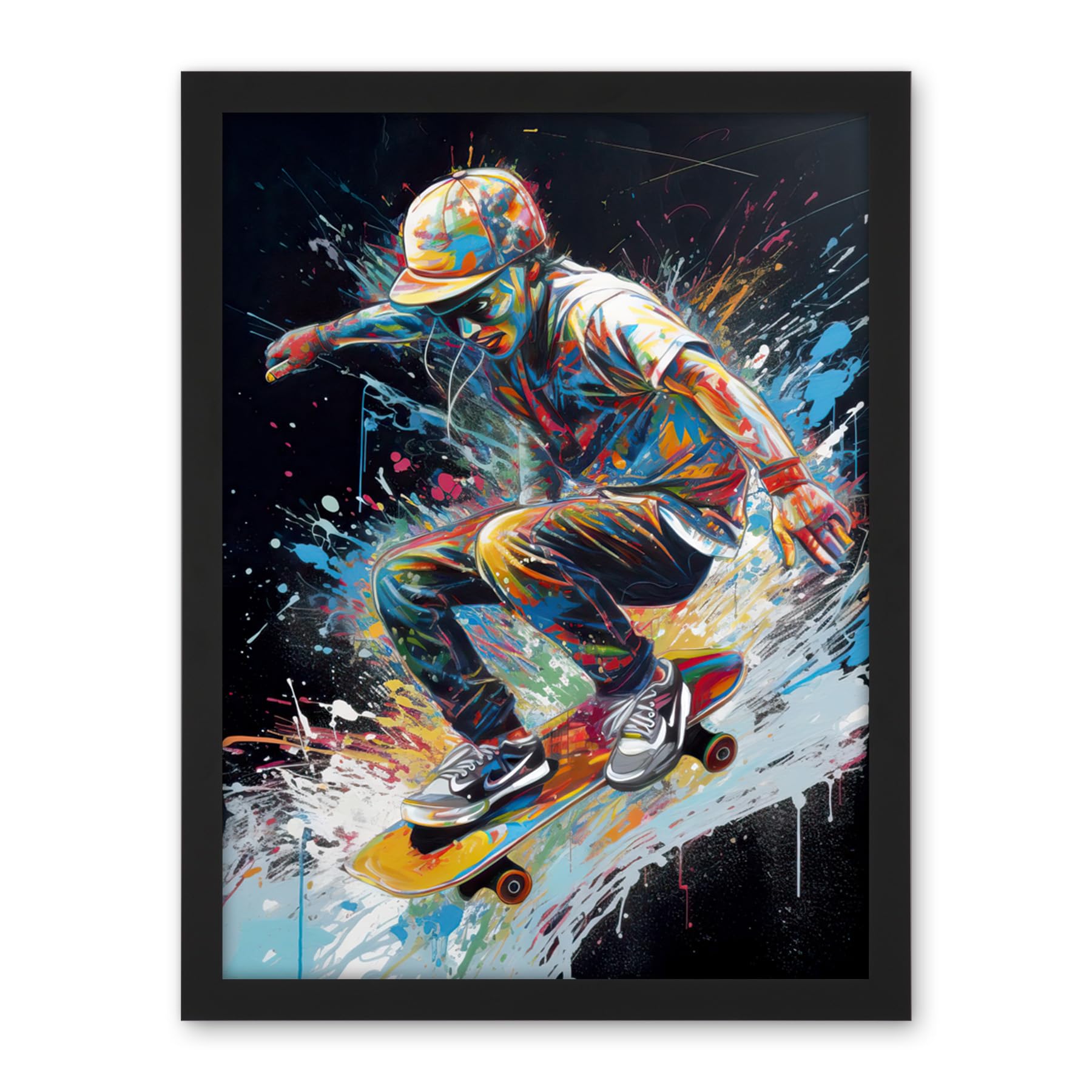 Artery8 Skateboarder Skating Multicoloured Splat Paint Artwork Framed Wall Art Print 18X24 Inch